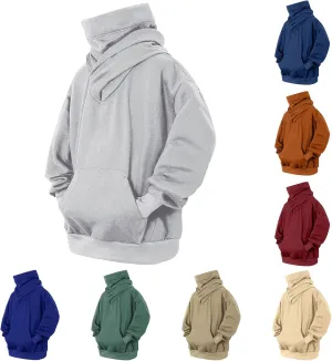 Men's Fleece Hoodies Cowl Neck Casual Pullover Sweatshirts Loose Fit Tops with Embroidery for Fall Winter Wear