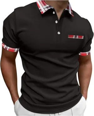 Men's Golf Polo Shirts Fashion Checked Collared Dressy Smart T-Shirts Quick Dry Performance Pique Jersey Shirt Top