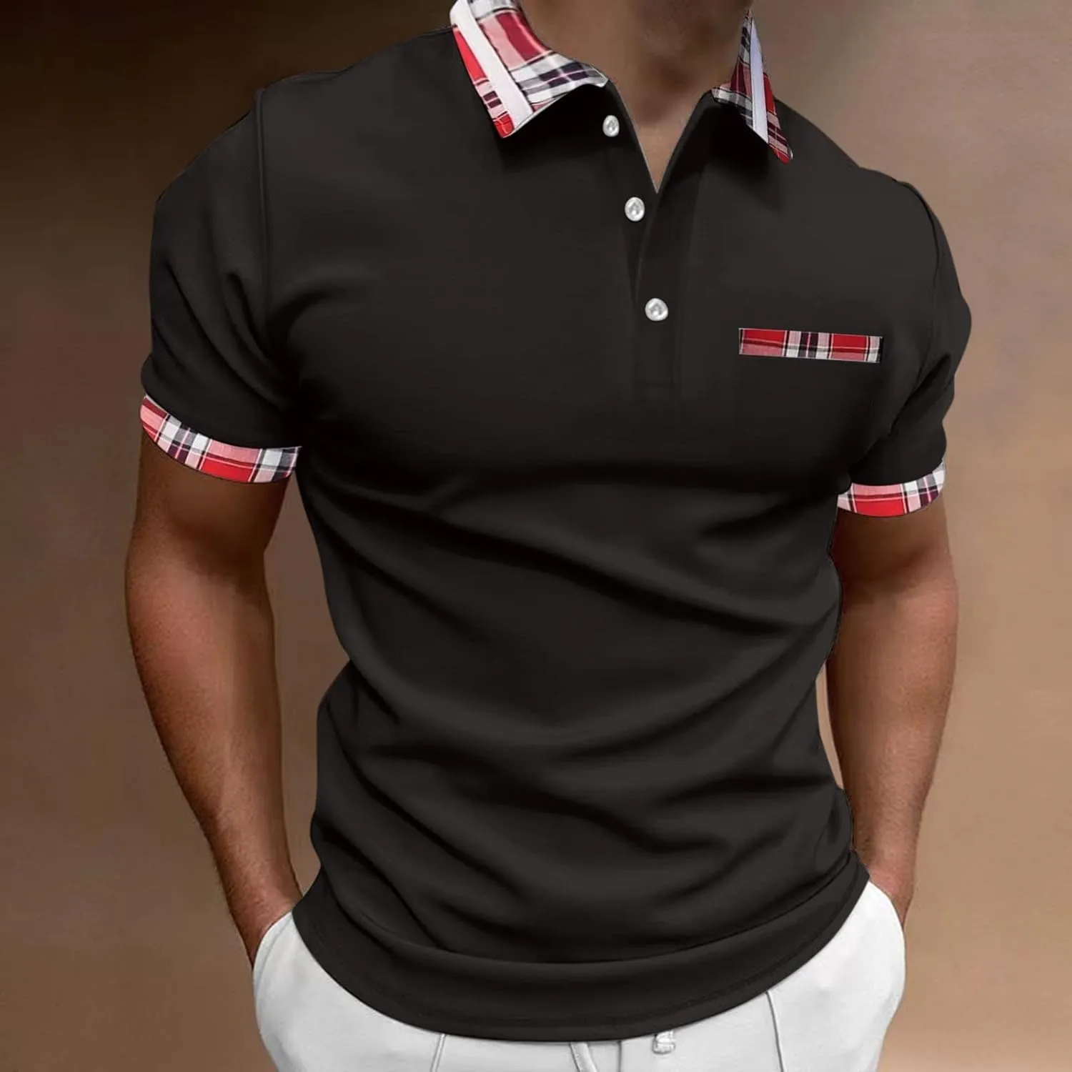 Men's Golf Polo Shirts Fashion Checked Collared Dressy Smart T-Shirts Quick Dry Performance Pique Jersey Shirt Top