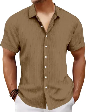 Mens Linen Button-Down Shirts Casual Loose Striped Jacquard Long Sleeve Beach Shirt
