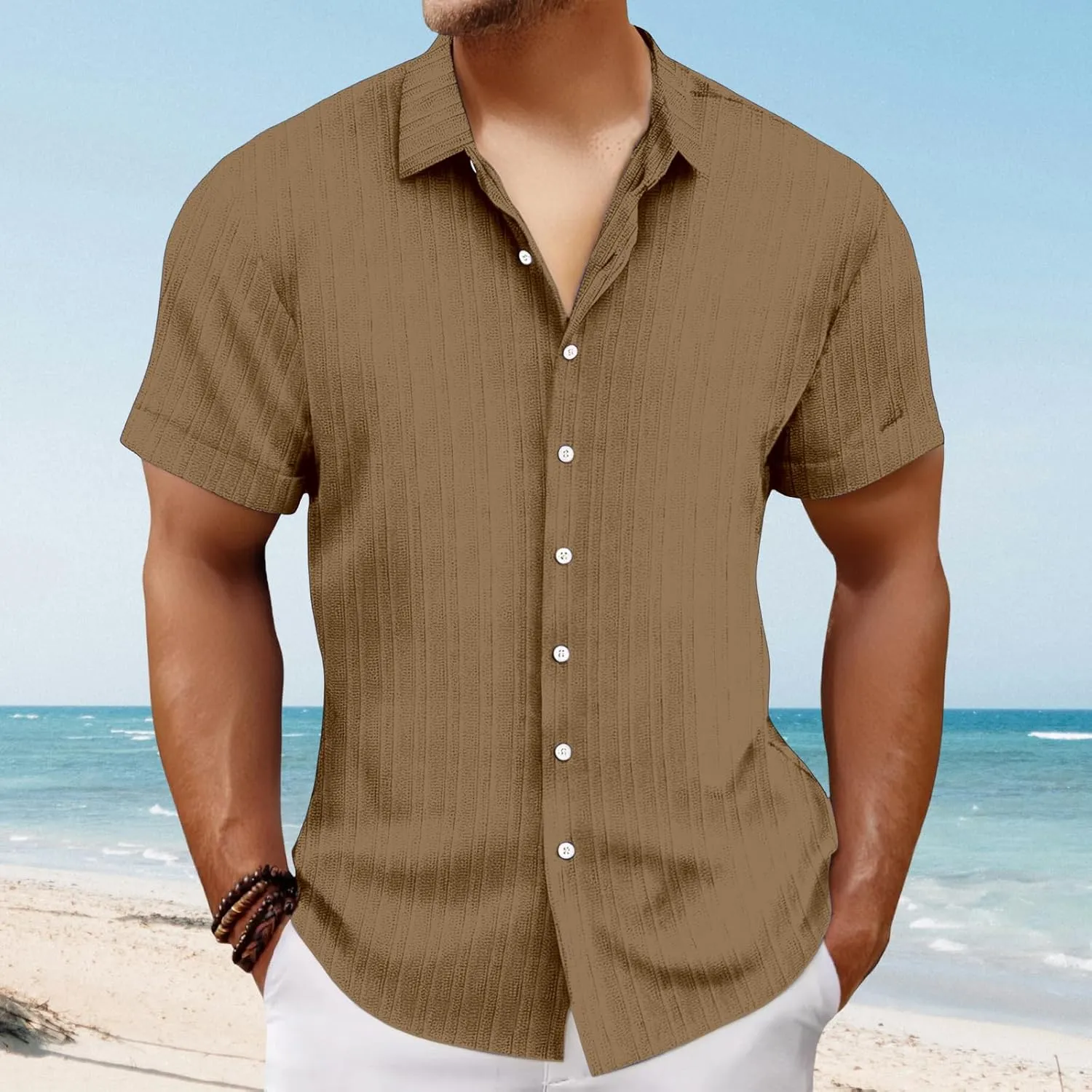 Mens Linen Button-Down Shirts Casual Loose Striped Jacquard Long Sleeve Beach Shirt