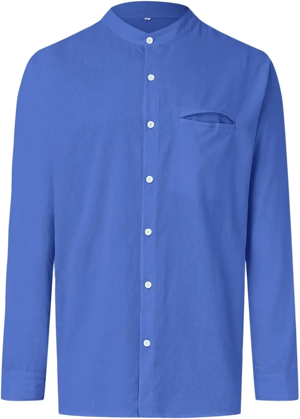 Mens Long Sleeve Cotton and Linen Shirt Combat Tactical Solid Linen Tops Stand-Up Collar Button Down Regular Fit Casual Shirt