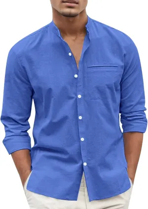 Mens Long Sleeve Cotton and Linen Shirt Combat Tactical Solid Linen Tops Stand-Up Collar Button Down Regular Fit Casual Shirt