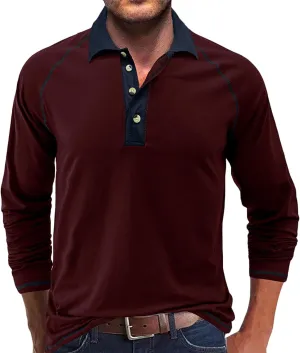 Men's Long Sleeve Polo Shirts Casual Slim Fit Basic Designed T Shirts Contrast Patchwork Pullover Tops Work Shirt
