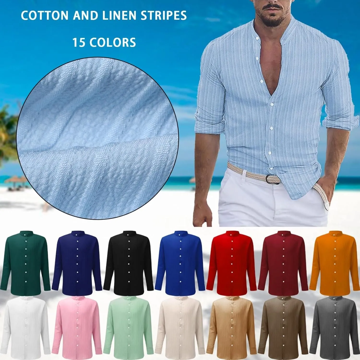 Mens Muscle Fit Cotton & Linen Shirt Stripe Textured Long Sleeve Lapel Combat Shirts Button Outdoor Travel Casual Tops