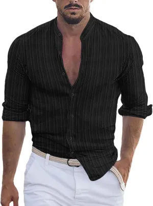 Mens Muscle Fit Cotton & Linen Shirt Stripe Textured Long Sleeve Lapel Combat Shirts Button Outdoor Travel Casual Tops