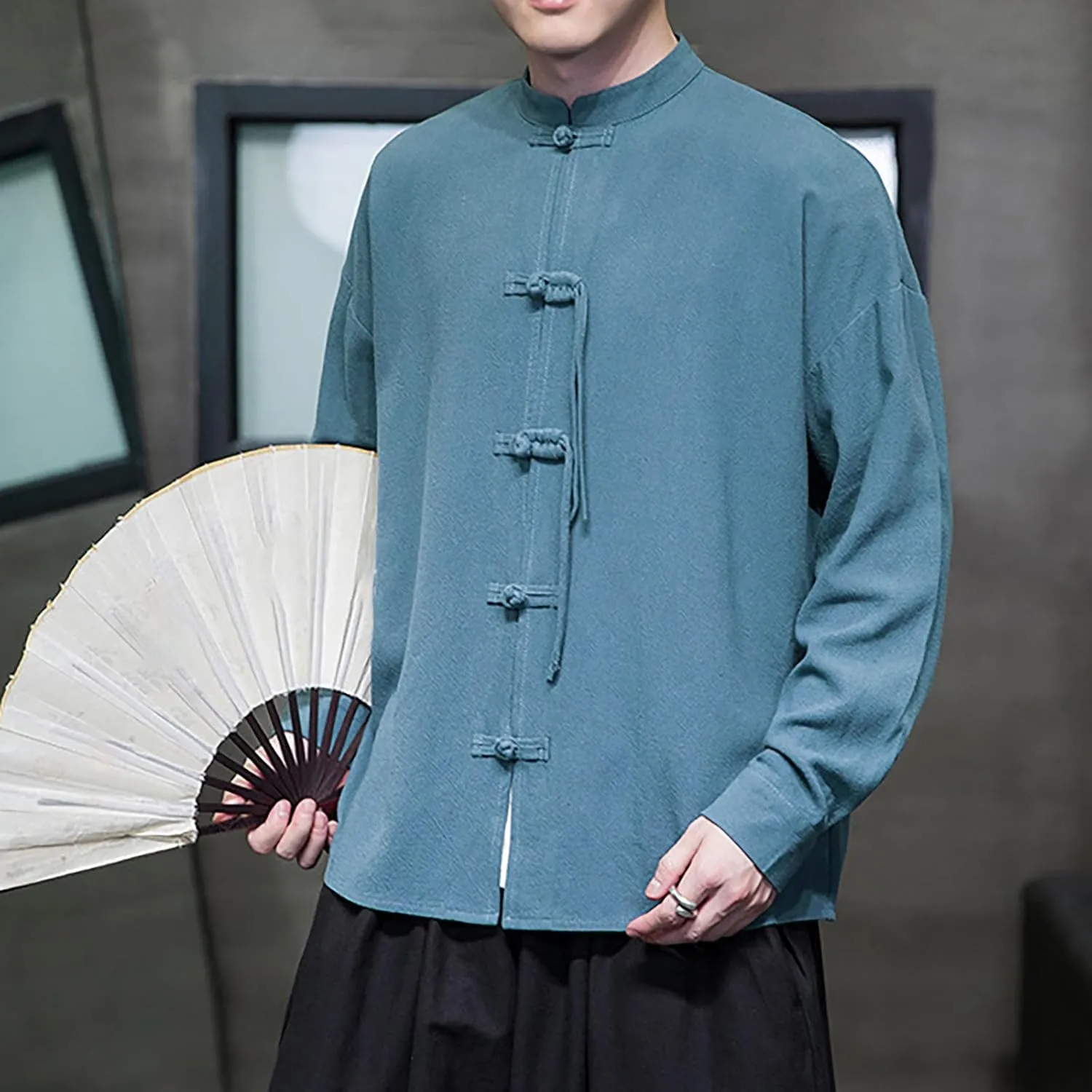 Men's Shirt Tang Suit Shirt Long Sleeve Traditional Kung Fu Uniform Chinese Frog Buttons Lightweight Jacket Summer