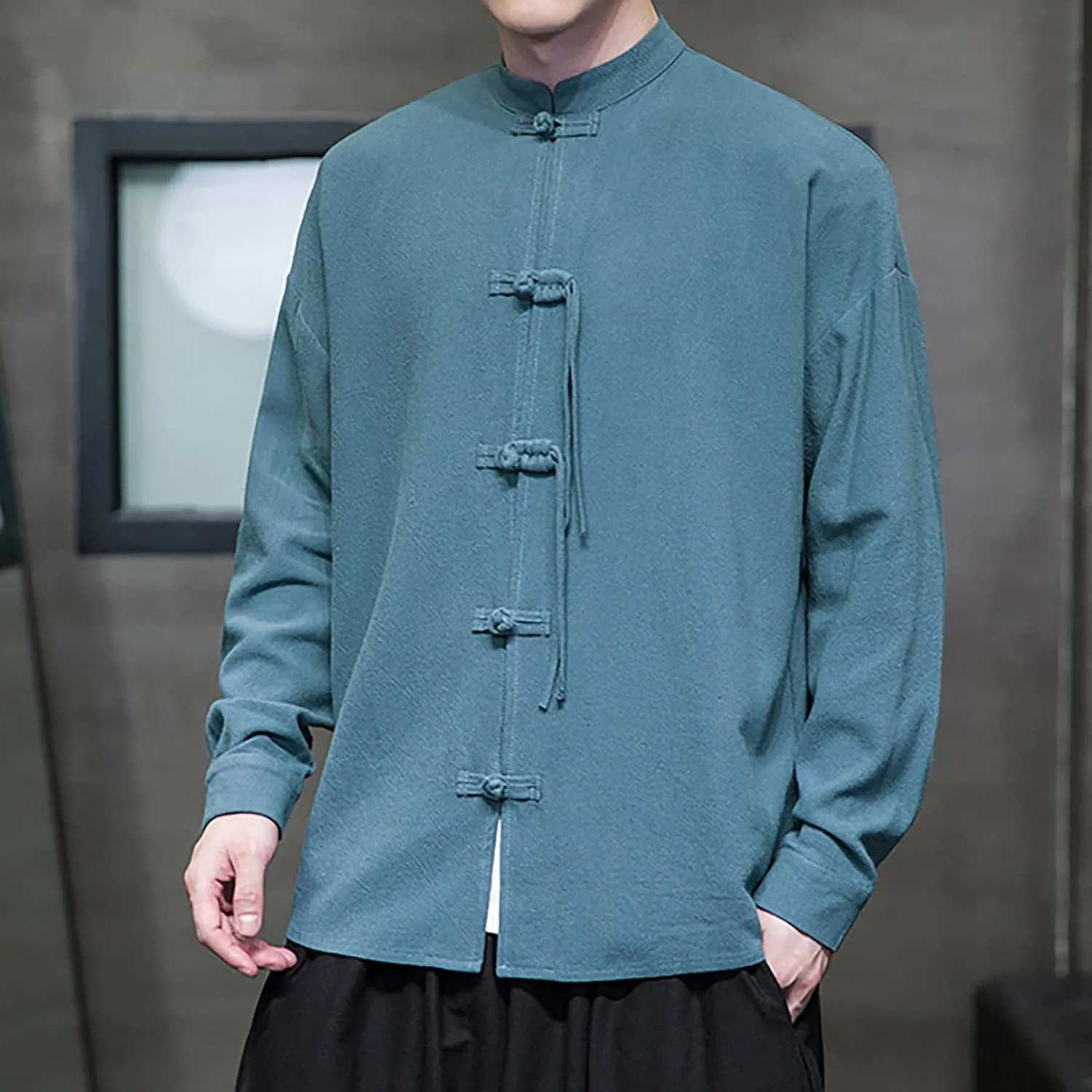 Men's Shirt Tang Suit Shirt Long Sleeve Traditional Kung Fu Uniform Chinese Frog Buttons Lightweight Jacket Summer
