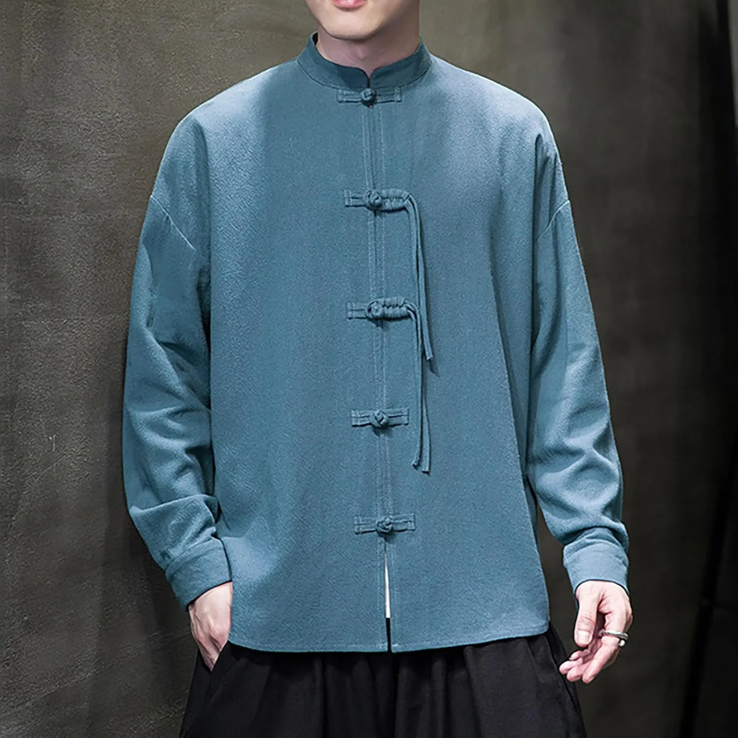 Men's Shirt Tang Suit Shirt Long Sleeve Traditional Kung Fu Uniform Chinese Frog Buttons Lightweight Jacket Summer
