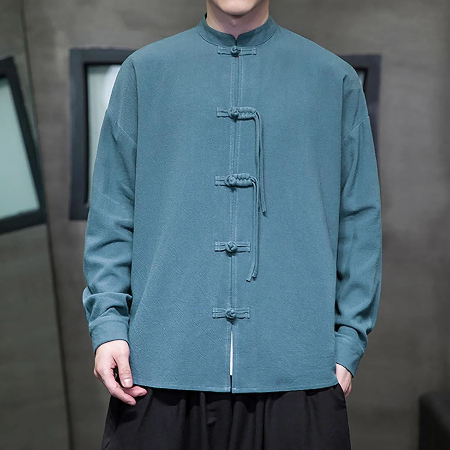 Men's Shirt Tang Suit Shirt Long Sleeve Traditional Kung Fu Uniform Chinese Frog Buttons Lightweight Jacket Summer