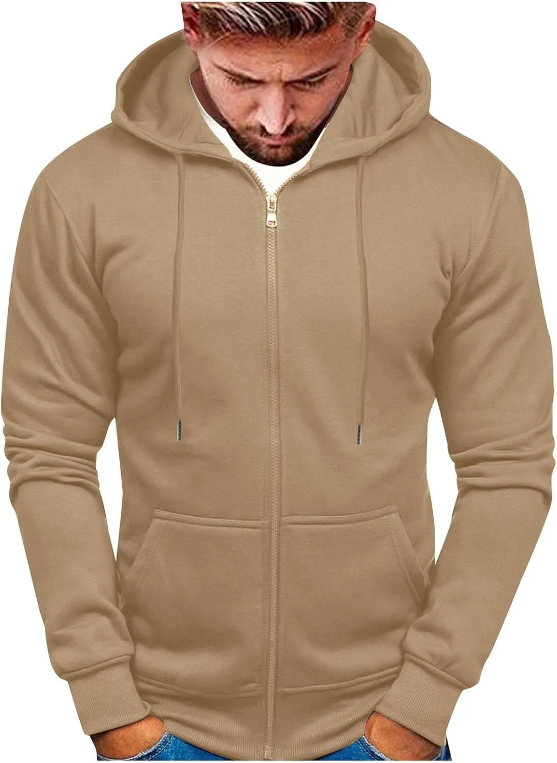 Mens Slim Fit Lightweight Zip Up Hoodie with Pockets Long Sleeve Full-Zip Hooded Sweatshirt Drawstring Casual Hoodies