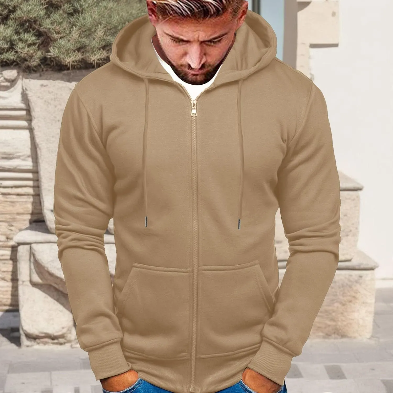 Mens Slim Fit Lightweight Zip Up Hoodie with Pockets Long Sleeve Full-Zip Hooded Sweatshirt Drawstring Casual Hoodies