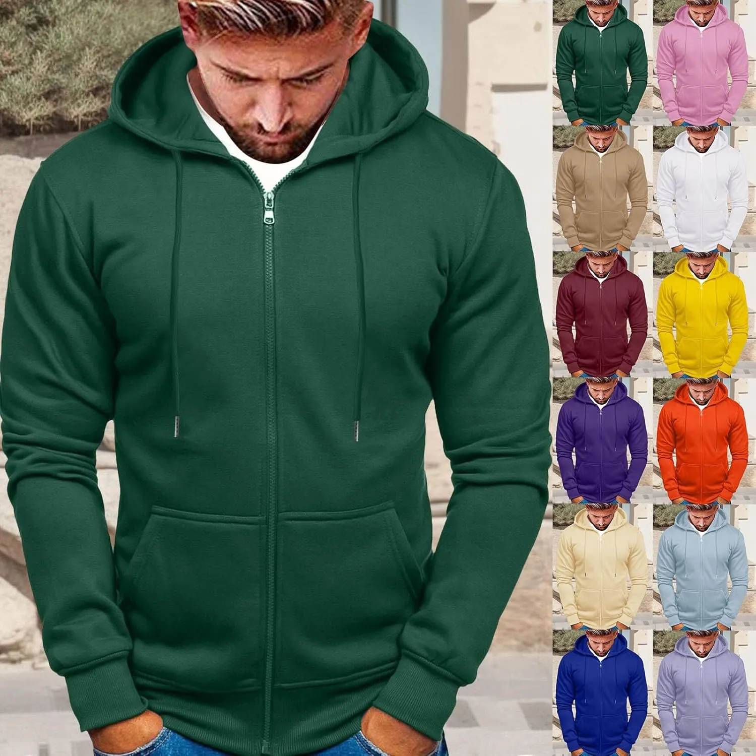 Mens Slim Fit Lightweight Zip Up Hoodie with Pockets Long Sleeve Full-Zip Hooded Sweatshirt Drawstring Casual Hoodies