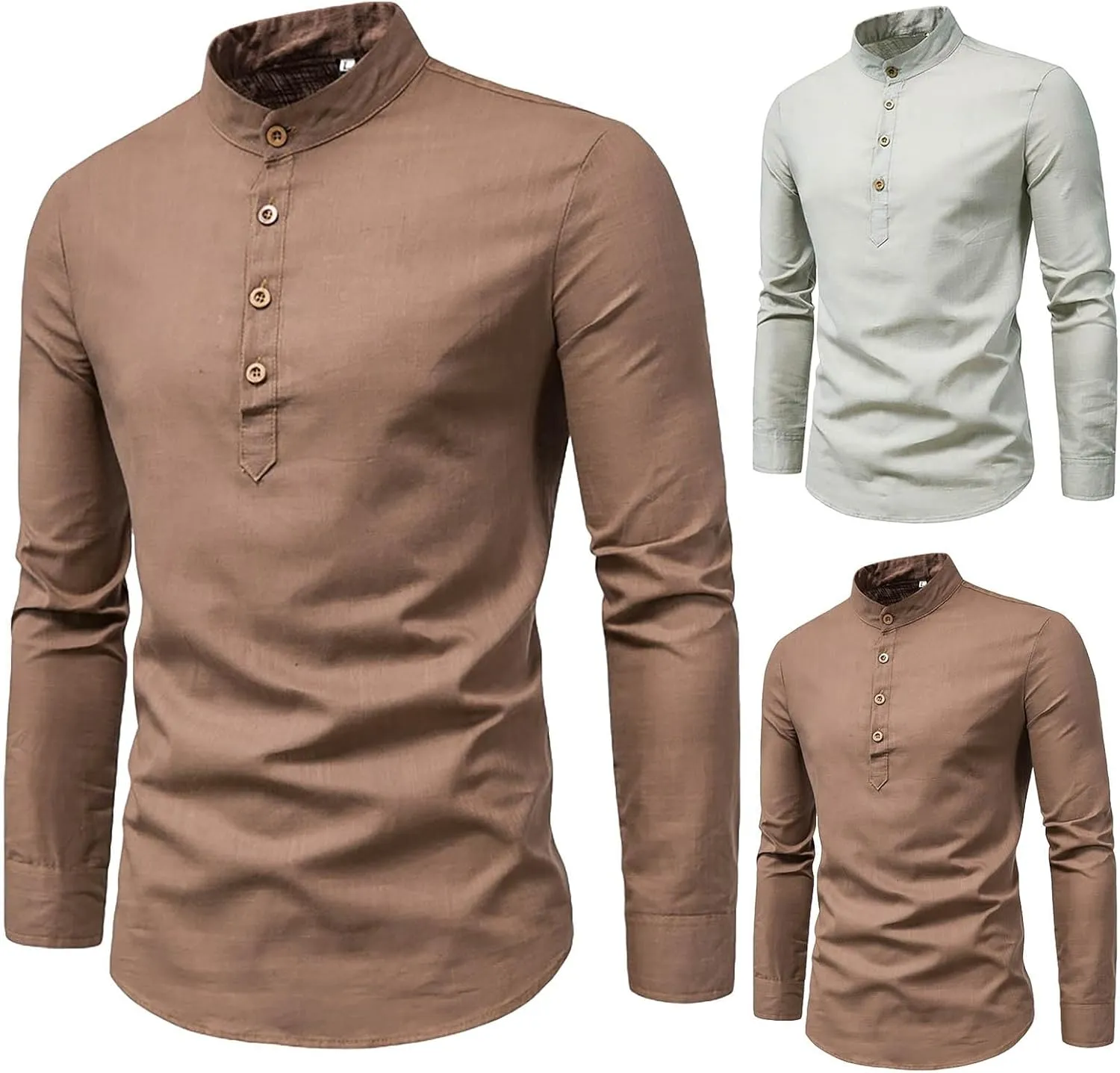 Mens Stand-Up Collar Cotton and Linen Henley Shirt Lightweight Casual Versatile Top Regular Fit Fashion Solid Business Shirts