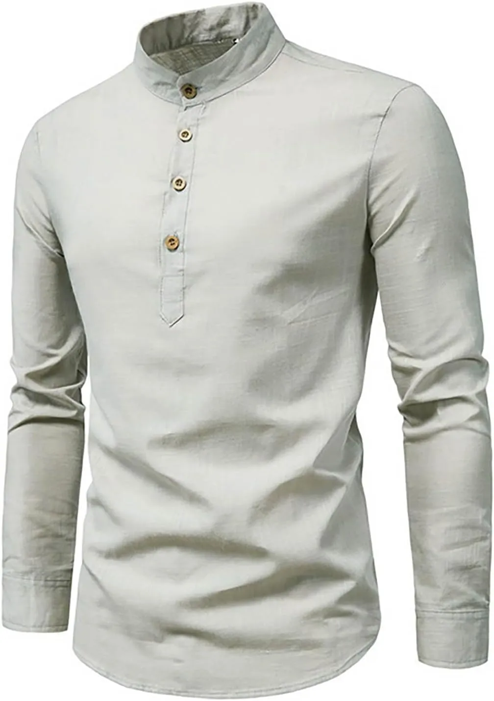Mens Stand-Up Collar Cotton and Linen Henley Shirt Lightweight Casual Versatile Top Regular Fit Fashion Solid Business Shirts
