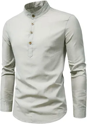 Mens Stand-Up Collar Cotton and Linen Henley Shirt Lightweight Casual Versatile Top Regular Fit Fashion Solid Business Shirts