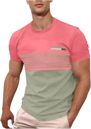 Men's Striped Printed Pullover Short Sleeve Summer T-Shirt Color Matching Shirts Business Casual Top for Men