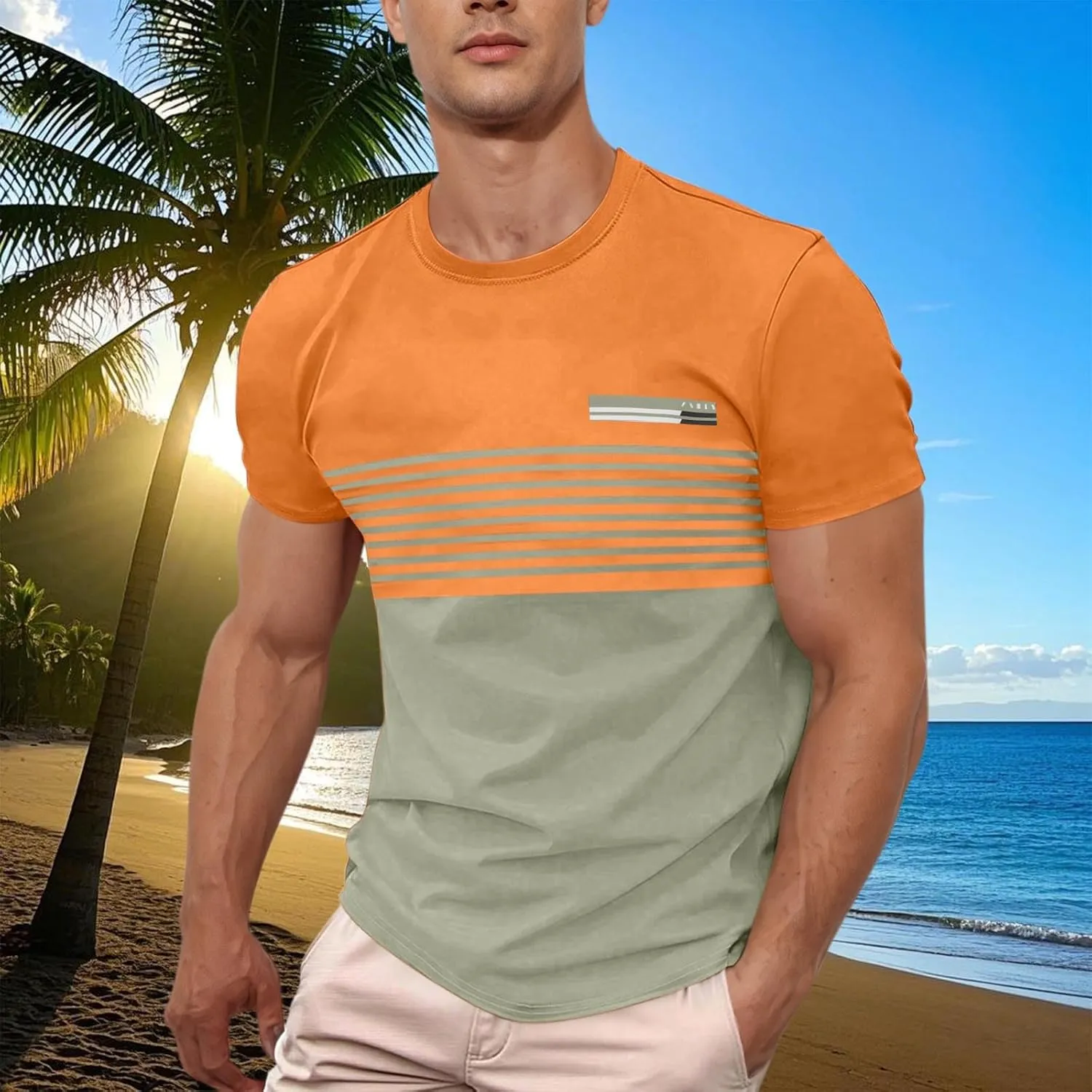 Men's Striped Printed Pullover Short Sleeve Summer T-Shirt Color Matching Shirts Business Casual Top for Men