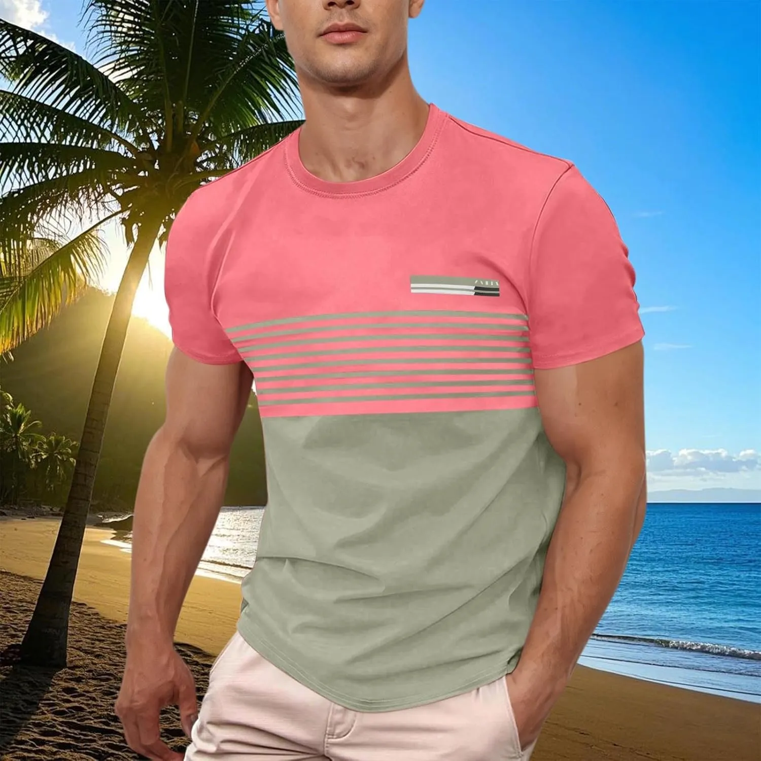 Men's Striped Printed Pullover Short Sleeve Summer T-Shirt Color Matching Shirts Business Casual Top for Men