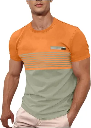 Men's Striped Printed Pullover Short Sleeve Summer T-Shirt Color Matching Shirts Business Casual Top for Men