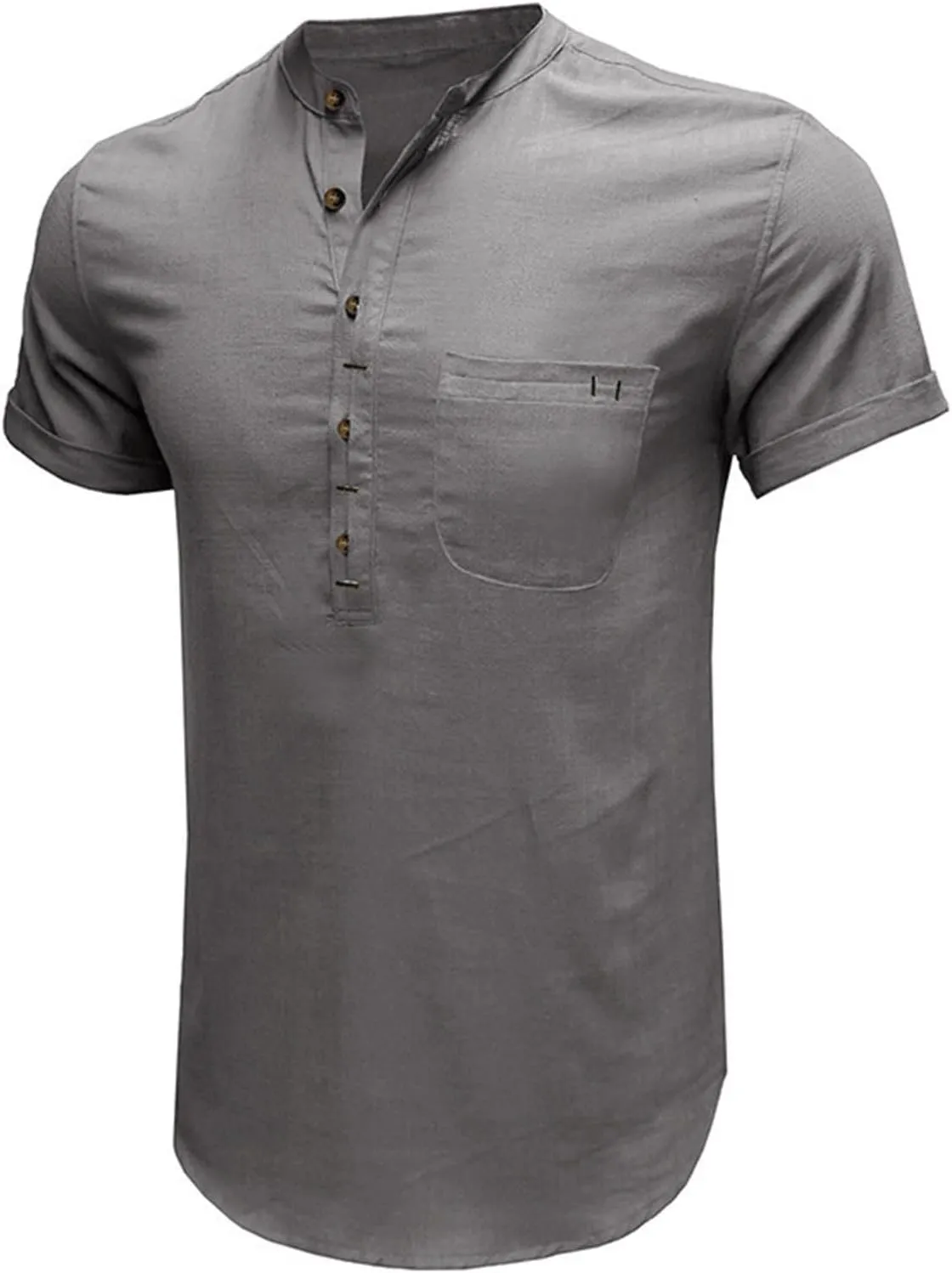 Men's Summer Lightweight Cotton Linen Shirts Casual Short Sleeve Button Up Stand Collar Henley Top for Beach Vacation