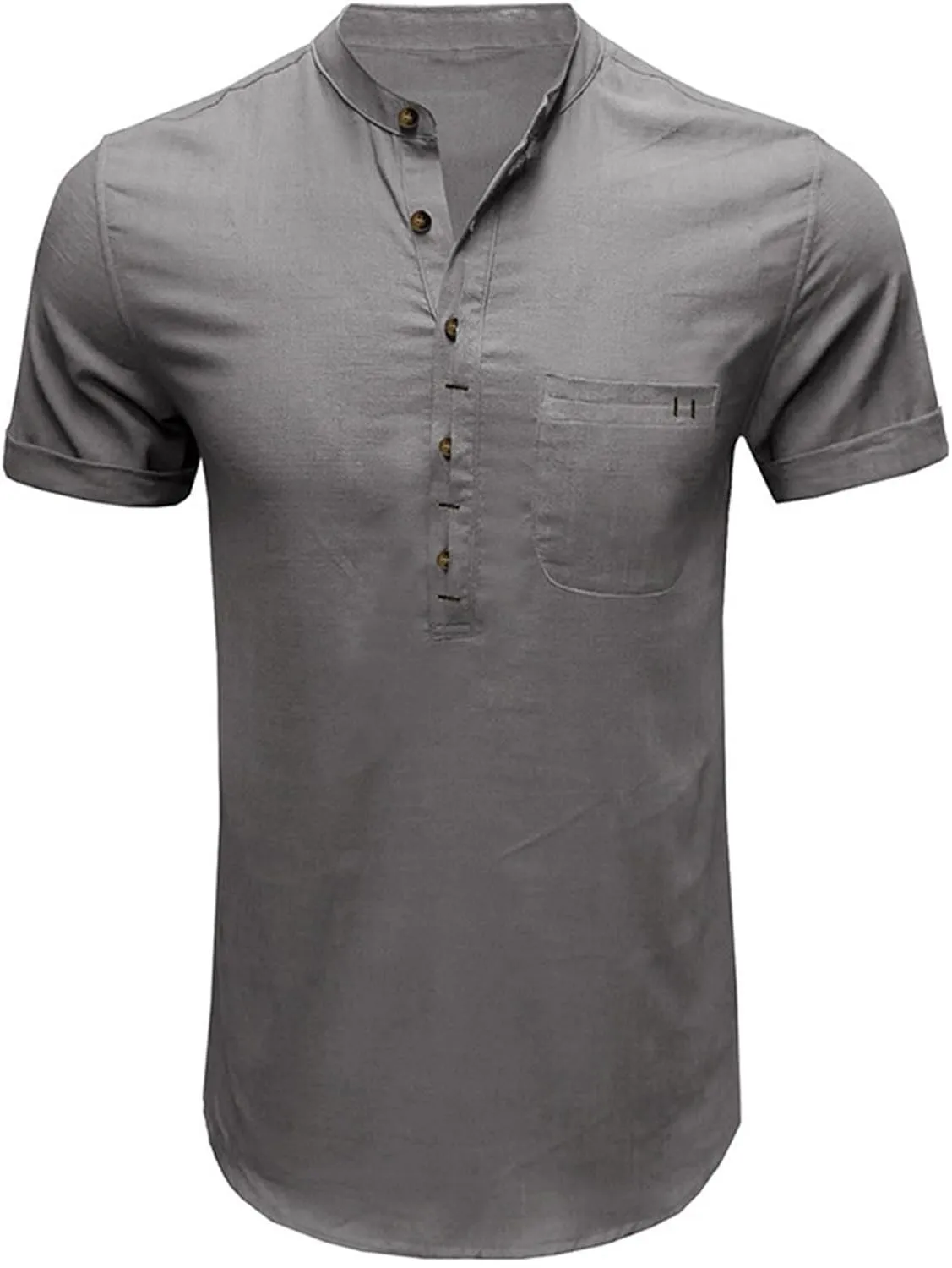 Men's Summer Lightweight Cotton Linen Shirts Casual Short Sleeve Button Up Stand Collar Henley Top for Beach Vacation