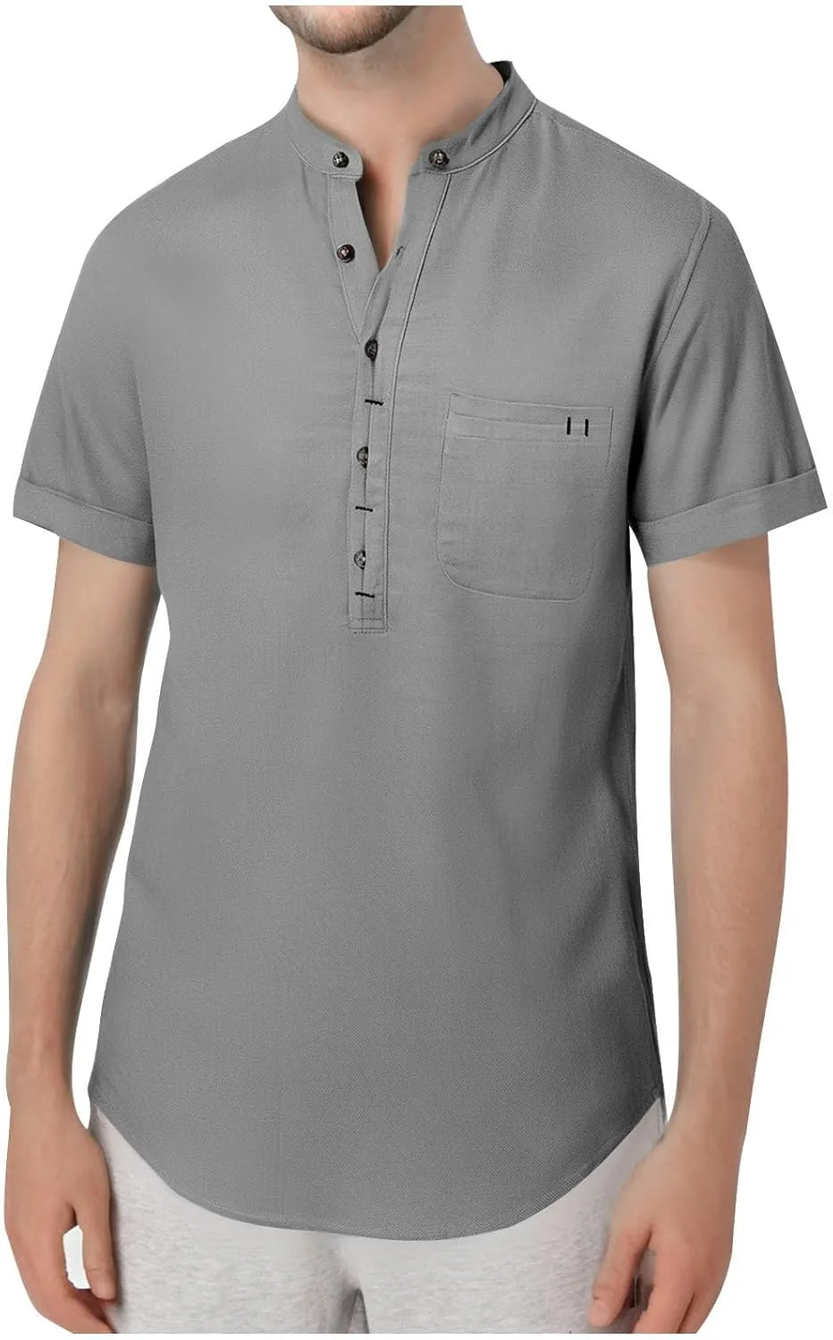Men's Summer Lightweight Cotton Linen Shirts Casual Short Sleeve Button Up Stand Collar Henley Top for Beach Vacation
