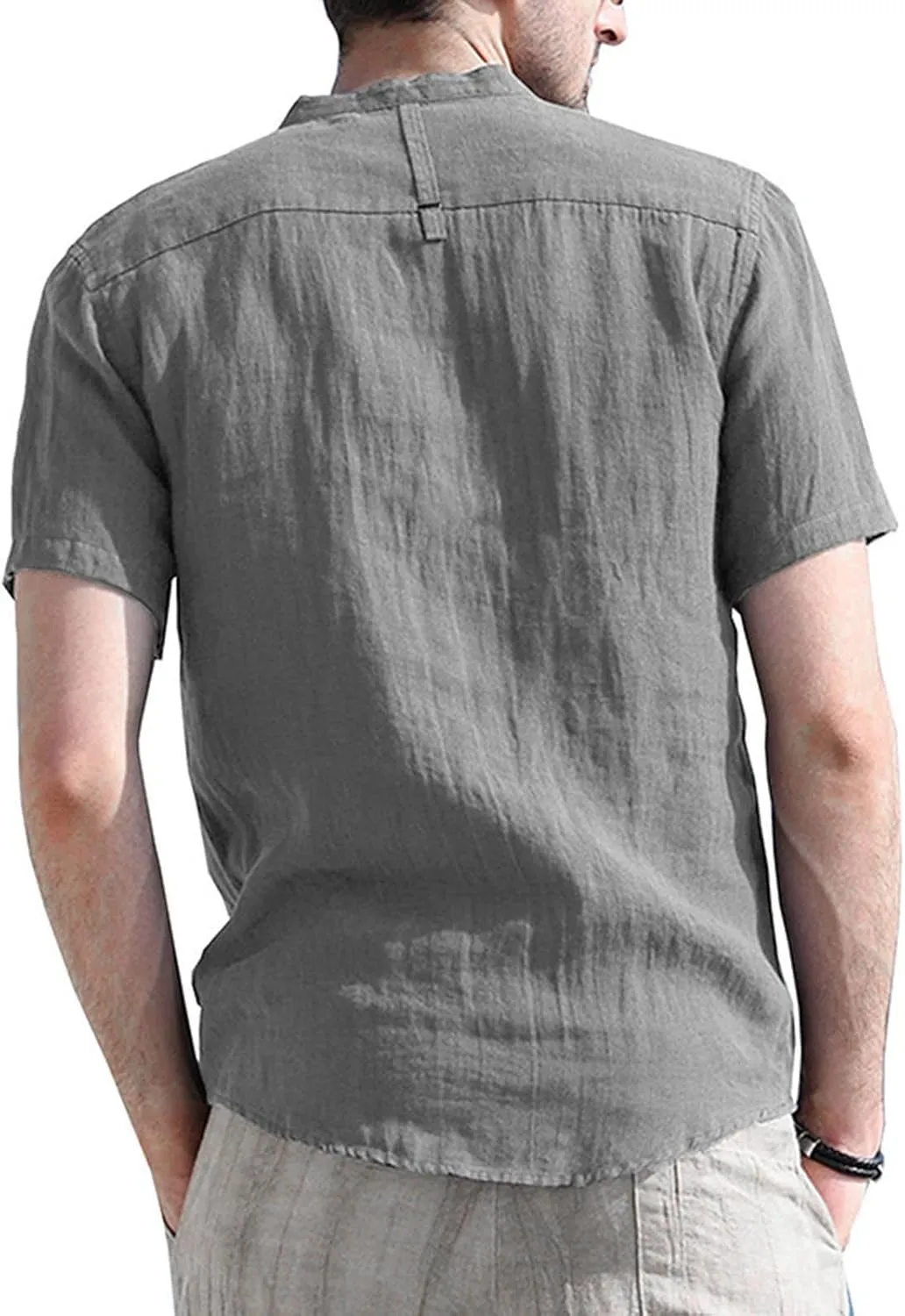 Men's Summer Lightweight Cotton Linen Shirts Casual Short Sleeve Button Up Stand Collar Henley Top for Beach Vacation