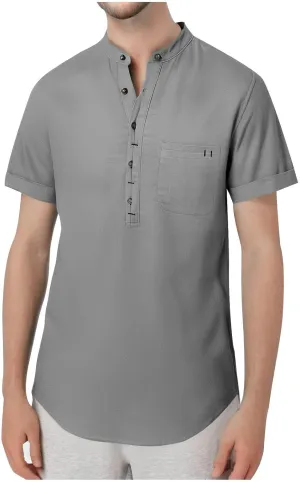 Men's Summer Lightweight Cotton Linen Shirts Casual Short Sleeve Button Up Stand Collar Henley Top for Beach Vacation