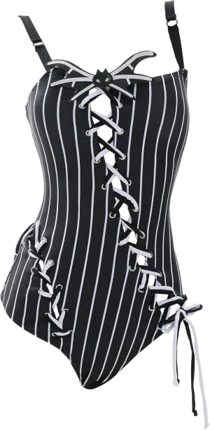 MEOWCOS Women's One Piece Swimsuits Gothic Black and White Striped Decoration Bathing Suit with Accessories