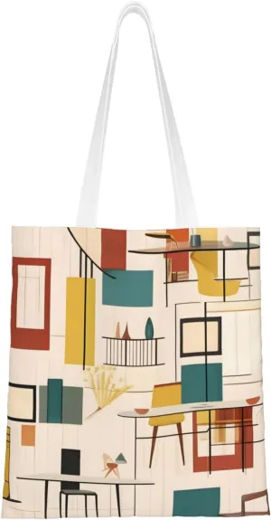 Mid Century Modern Pattern Double Sided Canvas Tote Bag, Reusable Grocery Shopping Bag, Carry or Shoulder 15x16.5 in