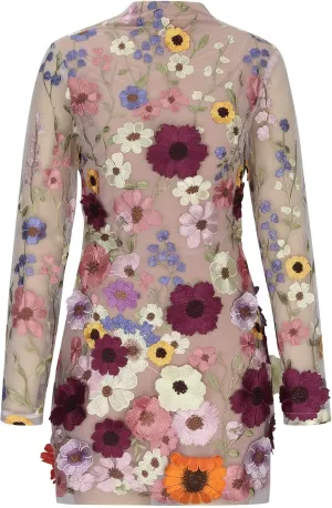 Mini Dress for Women Floral Embroidered Long Sleeve Bodycon Party Dress Sexy Mesh Sheer Fitted Evening Dresses