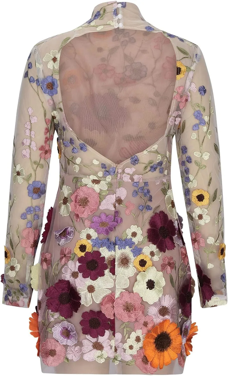 Mini Dress for Women Floral Embroidered Long Sleeve Bodycon Party Dress Sexy Mesh Sheer Fitted Evening Dresses
