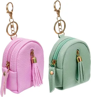 Mini Portable Bag with Keychain,Cute PU Leather Cosmetic Bag for Women, Small Storage Case for Key Pocket Lipstick Bag Card Holder Data Cable Organizer Zipper Pouch,2 Pack Green/Pink