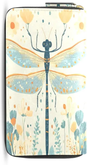 MNSRUU Womens Wallet Purses, Dragonfly Flowers Clutch Purses for Women RFID Blocking Credit Card Holder Wallet Leather Zipper Coin Purse