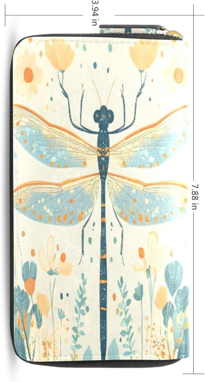 MNSRUU Womens Wallet Purses, Dragonfly Flowers Clutch Purses for Women RFID Blocking Credit Card Holder Wallet Leather Zipper Coin Purse