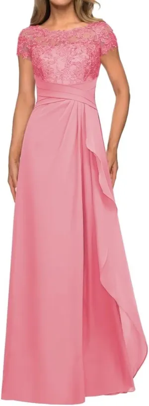 Mother of The Bride Dresses for Wedding with Cap Sleeves Lace Applique Chiffon Long Formal Prom Gowns for Women