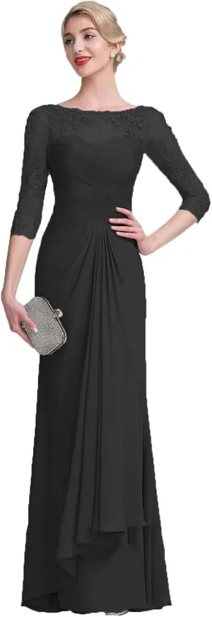Mother of The Bride Dresses with Long Sleeves Chiffon Lace Formal Evening Gown for Wedding Guest Dress