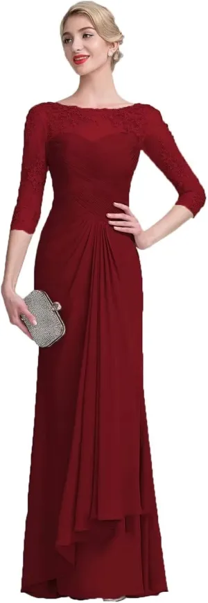 Mother of The Bride Dresses with Long Sleeves Chiffon Lace Formal Evening Gown for Wedding Guest Dress