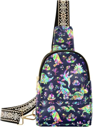 Multicolored Dinosaurs Fanny Pack Crossbody PC Leather Small Sling Bag for Women Cute Dino Fashion Waist Packs Chest Bag for Travel Sports Running Hiking