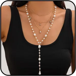 Multilayer Baroque Pearls Y Necklaces for Women Long Crystal Star Moon Pendant Necklaces Layered Beaded Chain Choker Necklaces Jewelry Accessories