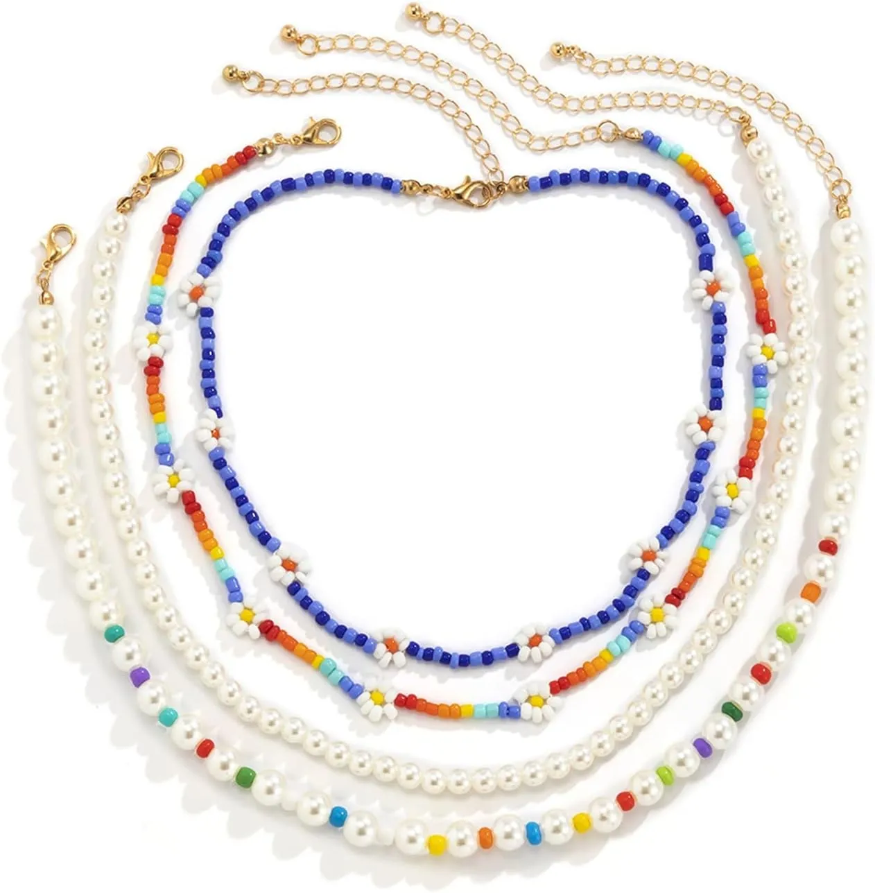 Multilayer Necklaces for Women Gold, Layered Necklaces for Women Daisy Pearl Beads Pendant Chain Necklaces for Womens, 4 Pieces, Gold