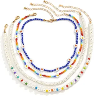 Multilayer Necklaces for Women Gold, Layered Necklaces for Women Daisy Pearl Beads Pendant Chain Necklaces for Womens, 4 Pieces, Gold