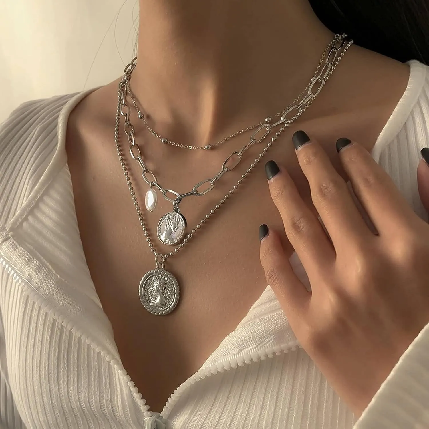 Multilayer Necklaces for Women, Layered Necklaces for Women Coin Pearl Pendant Chain Necklaces Jewelry Birthday Gift for Her, 3 Pieces