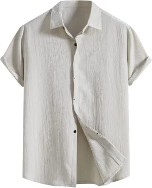 Muscularfit Button Down Short Sleeve Shirts for Men Casual Cotton Linen Solid Color Top Summer Light Weight Soft Fitted Shirt