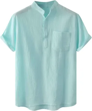 Muscularfit Men's Cotton Linen Henley Shirt Casual Stylish Short Sleeve Button Down T Shirts Loose Fit Plain Chest Pocket Tee