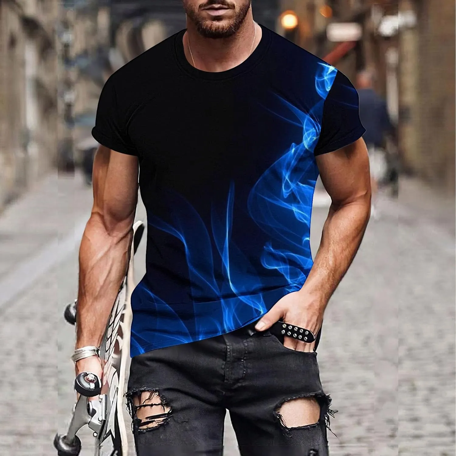 Muscularfit Tshirts for Men Summer Casual Short Sleeve Flame Print Graphic Tee Shirt Loose Gym Workout Tee Top Beach Pullover