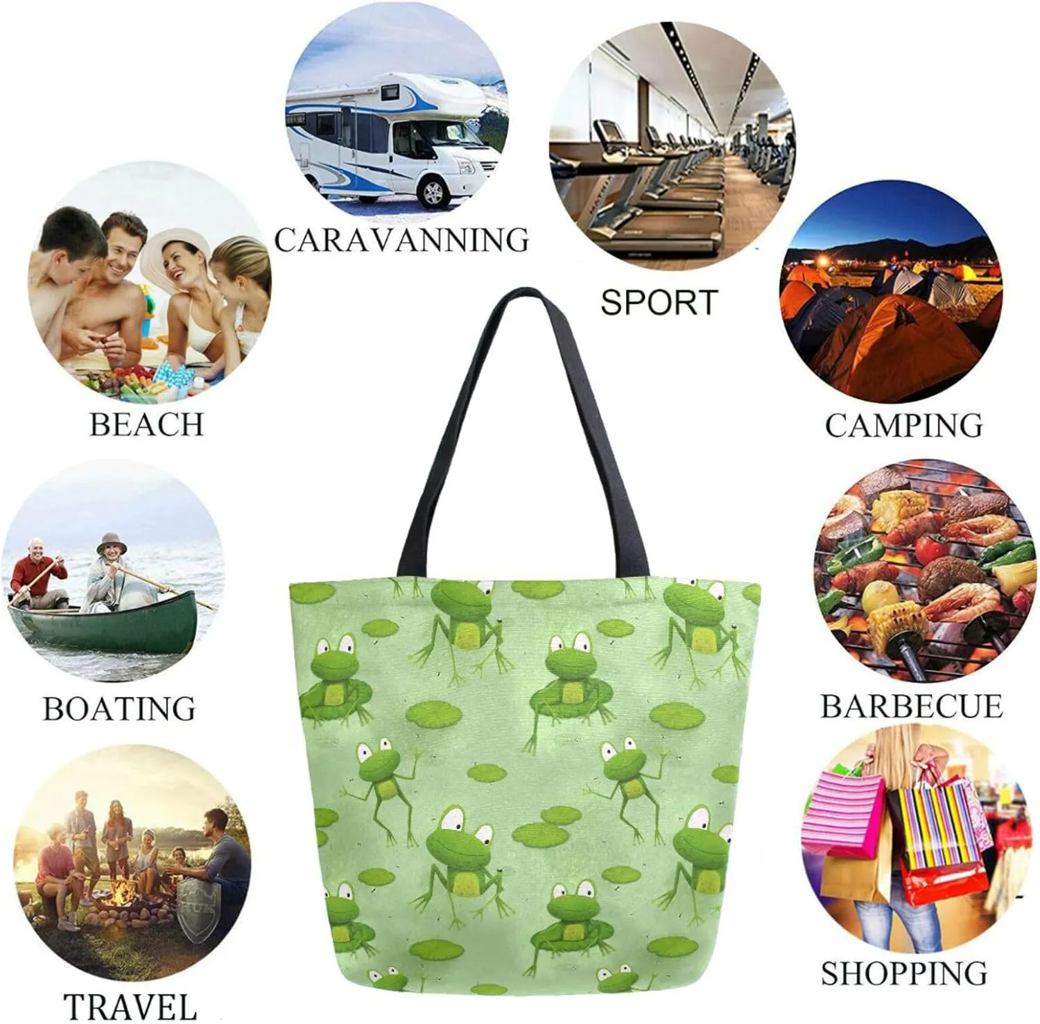 Naanle Lovely Frogs Pattern Extra Large Tote Long Handle Bags Canvas Reusable Market Beach Travel Gym Shopping Shoulder Bag