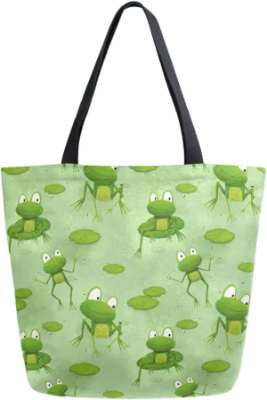 Naanle Lovely Frogs Pattern Extra Large Tote Long Handle Bags Canvas Reusable Market Beach Travel Gym Shopping Shoulder Bag