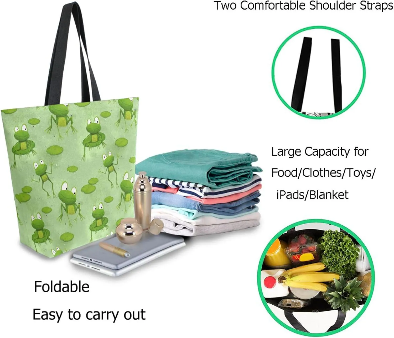 Naanle Lovely Frogs Pattern Extra Large Tote Long Handle Bags Canvas Reusable Market Beach Travel Gym Shopping Shoulder Bag
